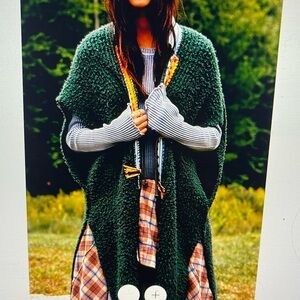 Free People Forest Green Bouclé Poncho with Yellow Trim